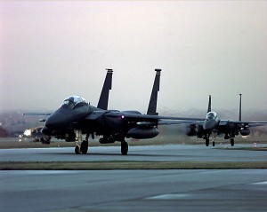 990328-F-2171A-023 	Two U.S. Air Force F-15E Strike Eagles taxi to the ramp at Aviano Air Base, Italy, after completing a mission in support of NATO Operation Allied Force on March 28, 1999.  Operation Allied Force is the air operation against targets in the Federal Republic of Yugoslavia.  The Strike Eagles are from the 494th Fighter Squadron, RAF Lakenheath, United Kingdom.  DoD photo by Senior Airman Jeffrey Allen, U.S. Air Force.  (Released)