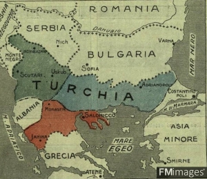 Harta që tregon coptimin e Shqipërisë, nga Greqia, dhe Serbia në vitin 1912. Territori shqiptar ishte shumë here më i madh së sa Serbia dhe Greqia, pjesa me ngjyrë të #gjelbë